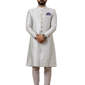 Stunning Beige Banarasi Brocade Achkan with Lilac Churidar for Men | Father-Son Combo | Grooms & Weddings | Jaipurio